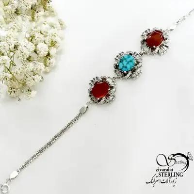 دستبند نقره 925 عیار سنگ عقیق و فیروزه کد 22409