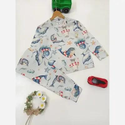 ست بلوز و شلوار راحتی پسرانه طرح حیوانات دریا جنس پنبه یک رو لاکرا
