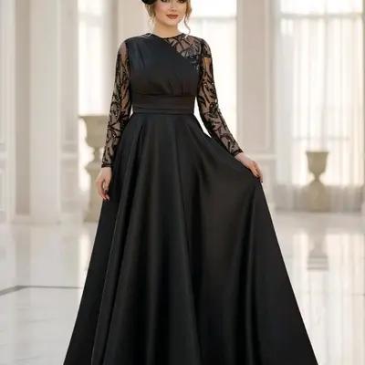 پیراهن مجلسی شب زنانه ساتن امریکایی باتورملیله ومنجوق دوزی مدل روژین-159433