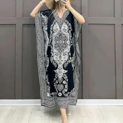 پیراهن زنانه نخی نخی پارچه ترک مدل ساحلی بلند-114535