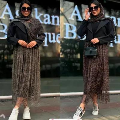 تاپ و دامن زنانه پرشیا مدل سه تیکه مجلسی کت و شال و دامن پلنگی
