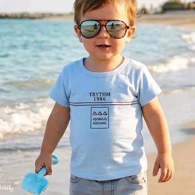 تیشرت پسرانه نخ پنبه وارداتی سایز مدیوم رنگ آبی کمرنگ راحت و خنک