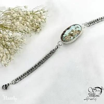 دستبند استیل زنانه طرح کارتیر با پلاک فیروزه کد 21105