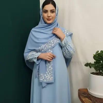 عبای مدل شکوفه دخترانه رنگ آبی آسمانی عبای ا