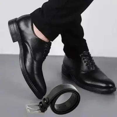 ست کفش مردانه مدل رویال و کمربند چرم صنعتی مشکی