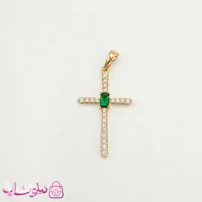 پلاک زنانه ژوپینگ مدل صلیب نگین سبز کد 2291
