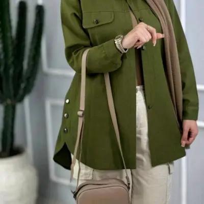 تونیک مانتویی بغل دکمه کتان