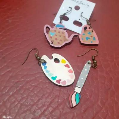 گوشواره چوبی قوری وفنجان وکالت وقلم مو 2 عددی