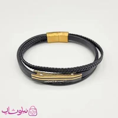 دستبند مردانه مون بلان چرم استیل مشکی طلایی کیفیت مستر