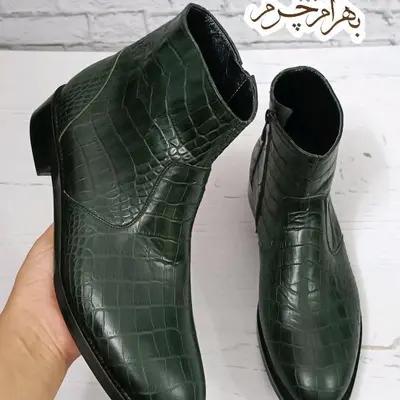نیم بوت مردانه مجلسی چرم طبیعی دستدوز مدل آلپاین کروکودیلی یشمی