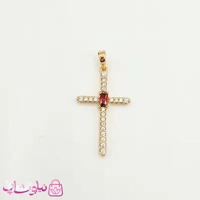 پلاک زنانه ژوپینگ مدل صلیب نگین قرمز کد 2291