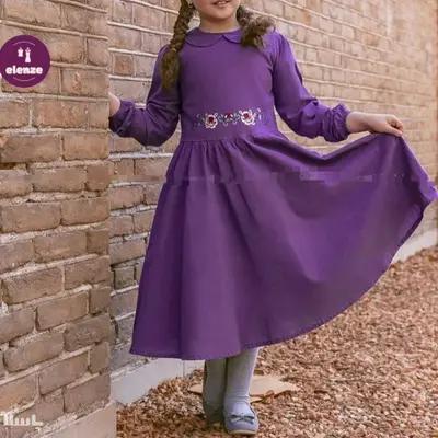 پیراهن دخترانه نخی الیاف طبیعی بنفش مدل شادین