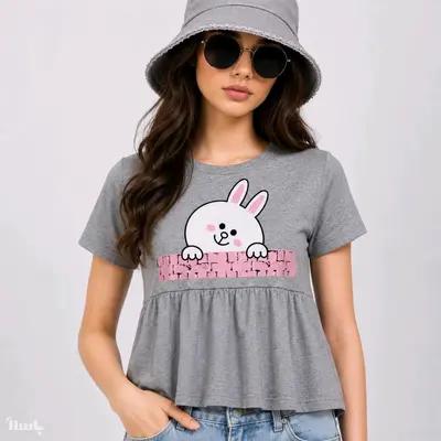 تیشرت دخترانه نخ پنبه طوسی طرح خرگوش سایز 55