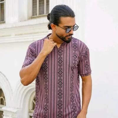 تیشرت یقه کوبایی مردانه مراکشی طرح دار