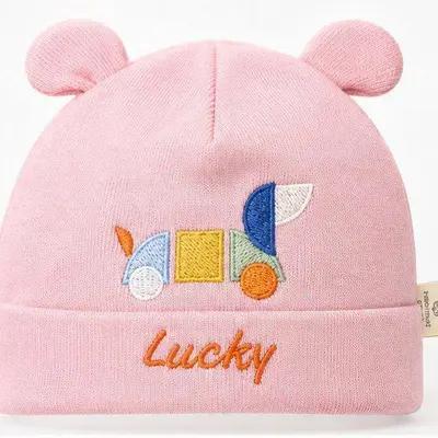 کلاه نوزادی دخترانه وارداتی صورتی مدل Lucky گوشدار با گلدوزی فانتزی