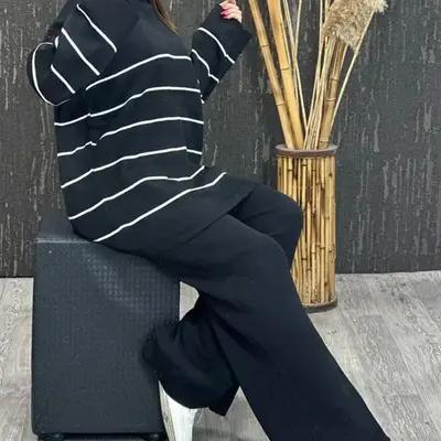ست بلوز شلوار بافت پنترسی مشکی(راه راه ریز)