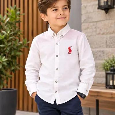 پیراهن پسرانه سفید سایز 6 سال آستین بلند یقه دار برند Polo