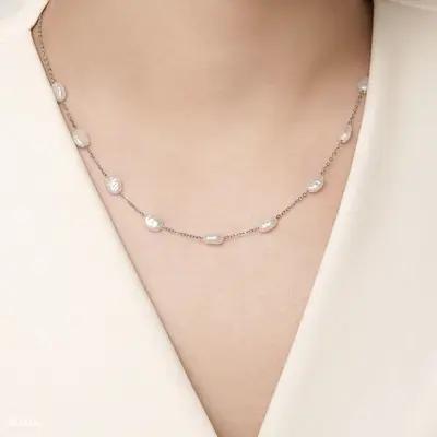 گردنبند استیل طرح مروارید پرورشی نقره ای-152790