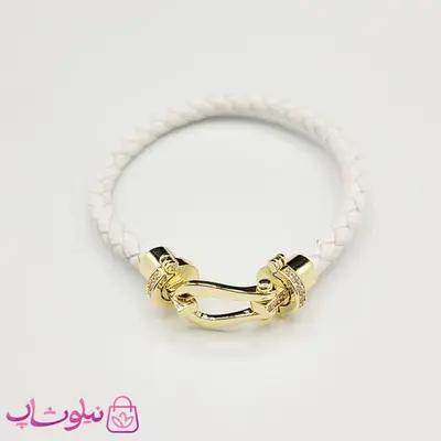 دستبند زنانه برند فرد Fred مدل چرم سفید با قفل طلایی نگیندار استیل کیفیت مستر کد 680