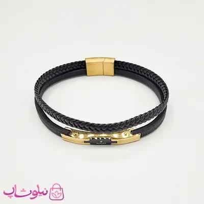 دستبند مردانه رولکس چرم و استیل مشکی طلایی کیفیت مستر کد 1150
