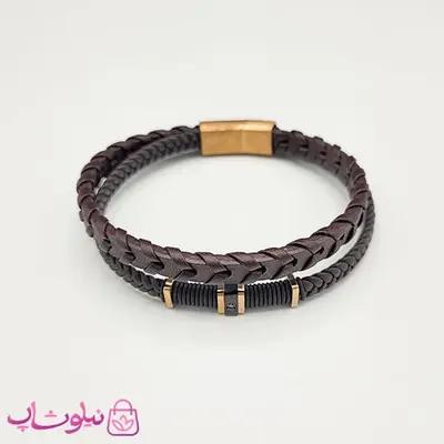 دستبند مردانه چرم استیل مدل مون بلان رنگ قهوه ای رزگلد کیفیت مستر کد 1150