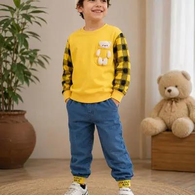 ست بلوز و شلوار لی پسرانه وارداتی چهارخانه زرد سایز XL