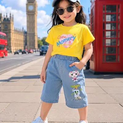 ست دخترانه تیشرت پنبه و شلوارک لی کاغذی وارداتی مدل Cute Memory سایز 4